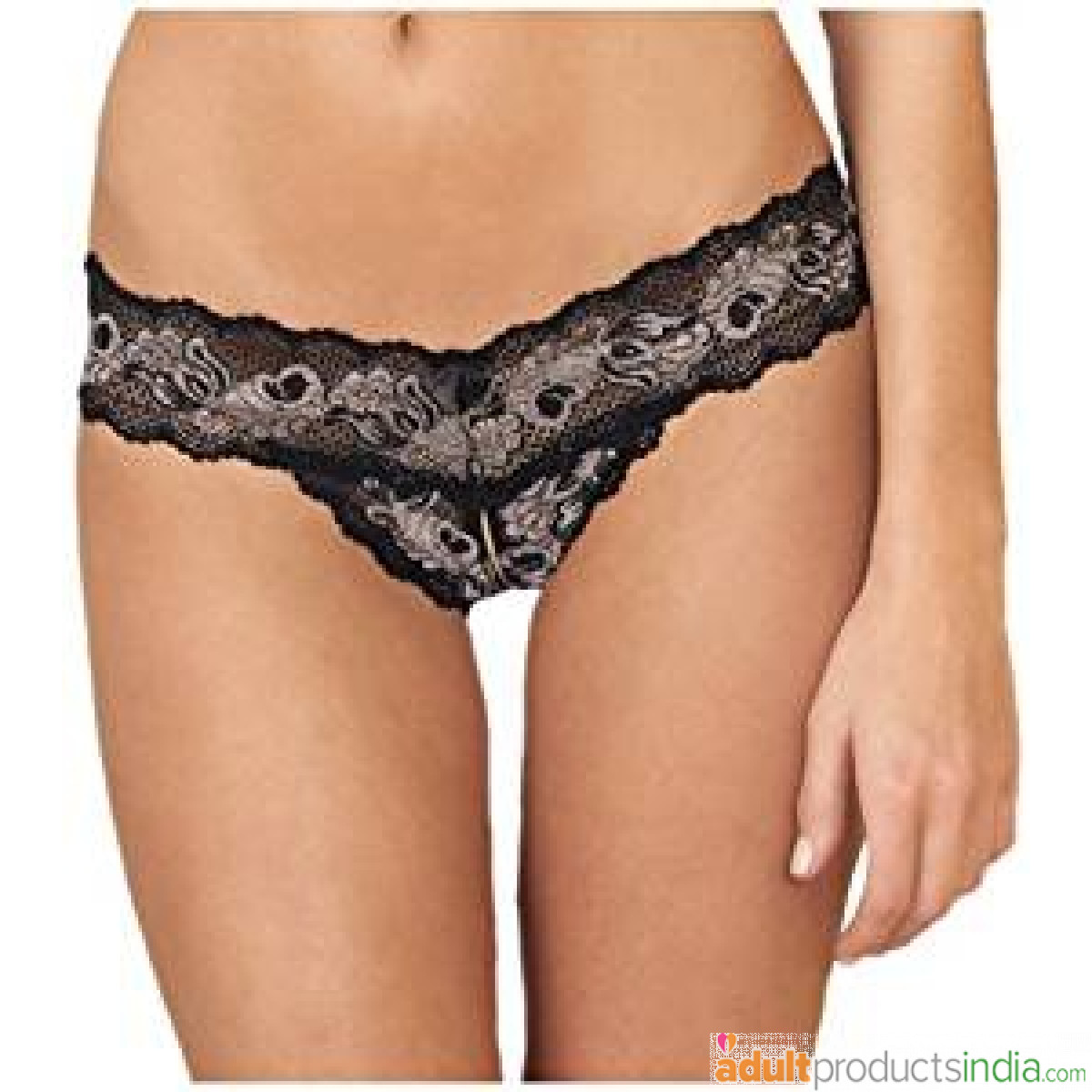 Rene Rofe, Women's Crotchless Lace V Thong, Medium/Large, Black