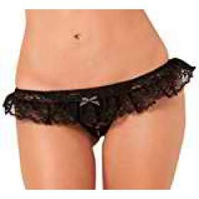 Rene Rofe Women's Crotchless Lace Skirt Thong, Black